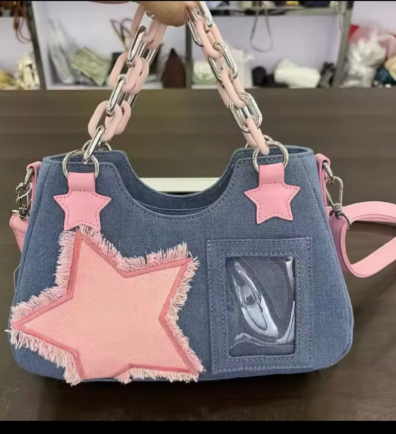 Kore Moda Omuz Koltukaltı Harajuku Yıldız Tote Denim Çanta Zinciri Bayan Çanta Zip Çantalar Çanta Kadın Kare Çanta